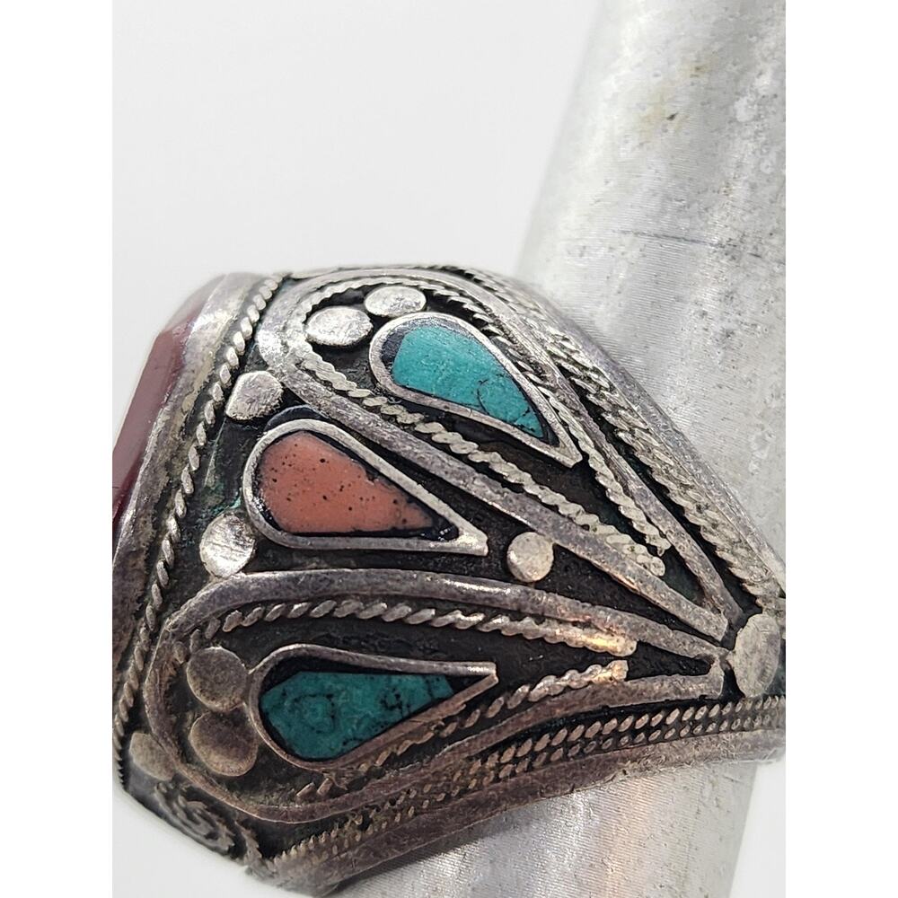 Vintage Ring Turkmen Silver Carved Turquoise Coral Inlay Sz 8.5 Arabic BIG - Picture 15 of 16